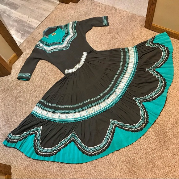 Vintage 1940s 1950s Gray & Turquoise Metallic Ric Rac Patio Skirt Set Western XS - Picture 1 of 12